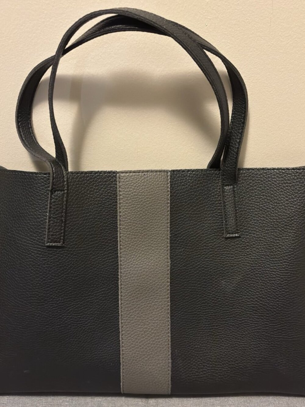 Vince Camuto Luck Faux Vegan Leather Slim Shoulder Tote Purse Bag Black Gray